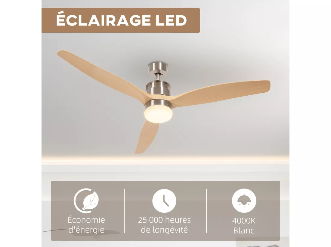 Ventilateur de plafond réversible avec lumière LED 6 vitesses silencieux - télécommande - dia. 132 cm - naturel