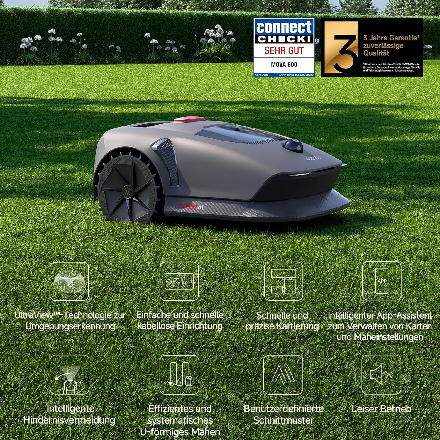 MOVA 600, Rasenmäher Roboter 360° 3D LiDAR Mähroboter ohne Begrenzungskabel & Genaue Kartierung 600 m², Smarte Hindernisvermeidung, App-Steuerung, U-förmiges Schneiden, Sicherheitswarnungen