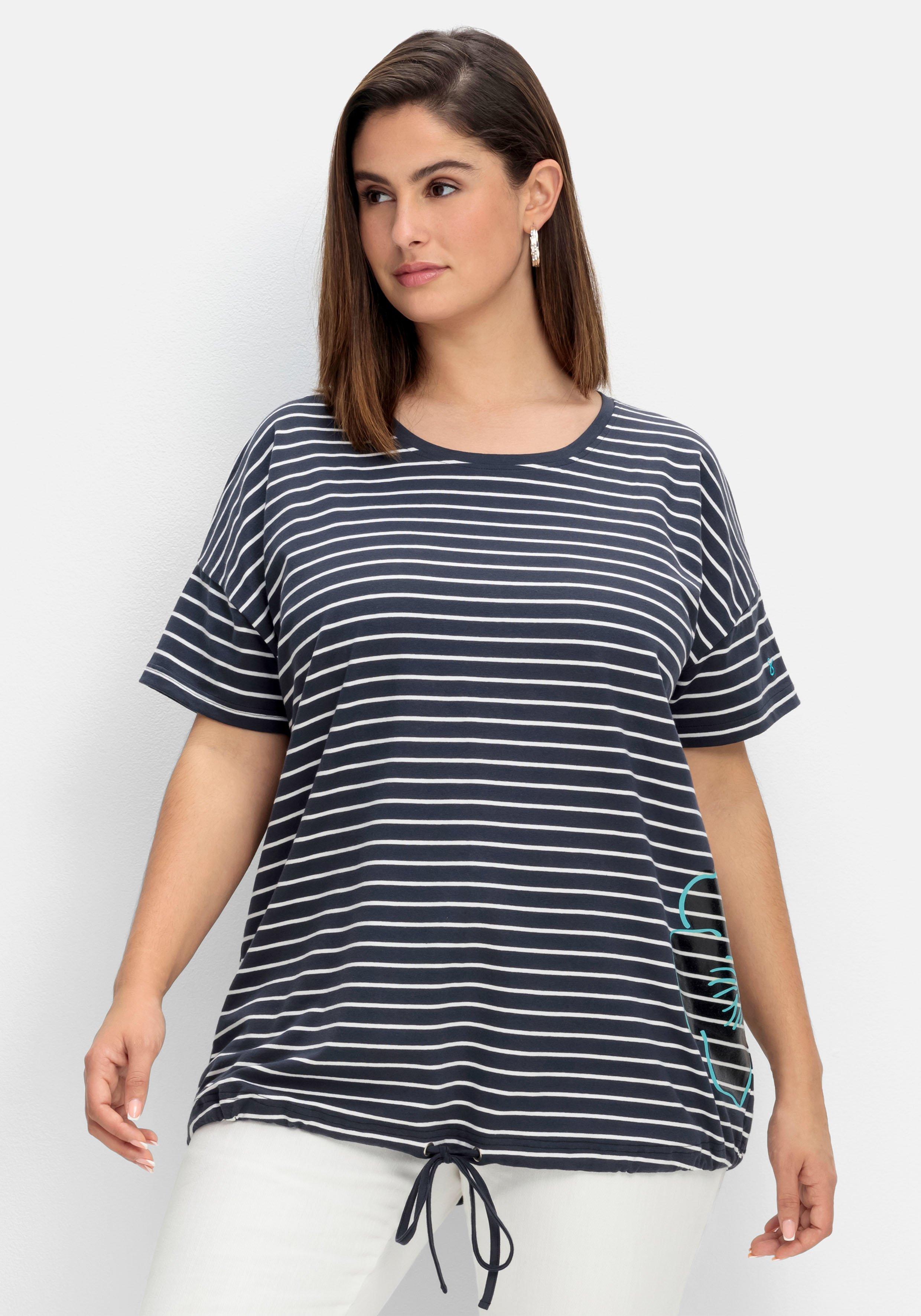 Ringelshirt mit Saum-Bindeband und Druck seitlich