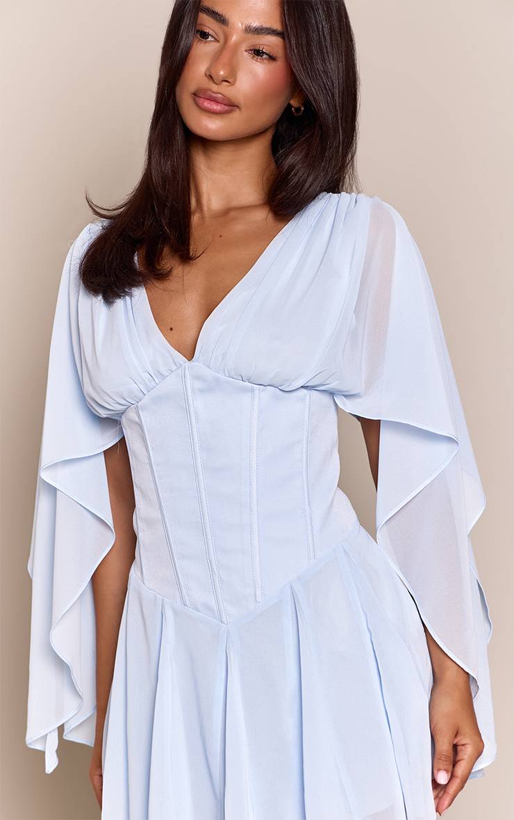 Bleu Layette Robe Mini Petite À Taille Corset Bleu Avec Manches Drapées En Mousseline Et Jupe À Godets