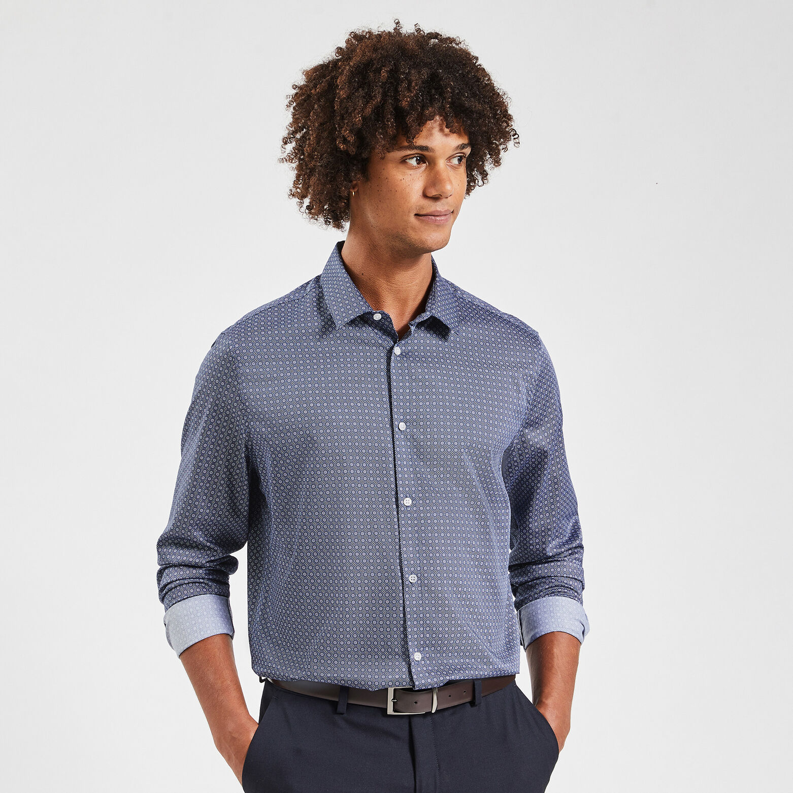 Chemise slim imprimé géométrique coton satin Bleu moyen