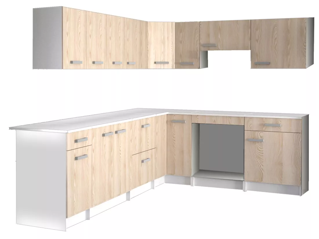Cuisine complète d'angle réversible - Avec plan de travail 208 x 268 cm - Naturel clair et blanc - TRATTORIA