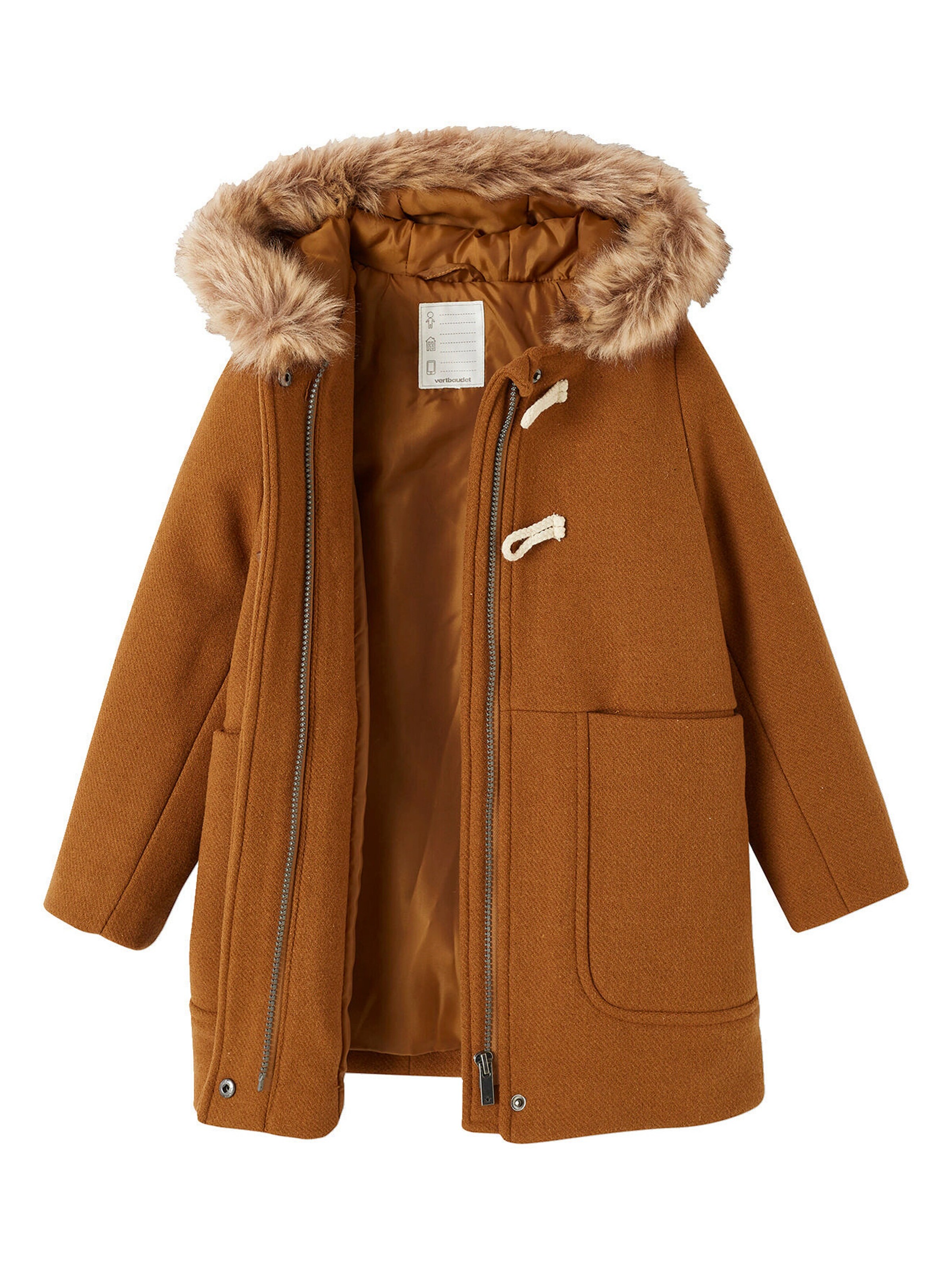 Vertbaudet Mädchen Dufflecoat mit Kapuze & Knebelknöpfen camel