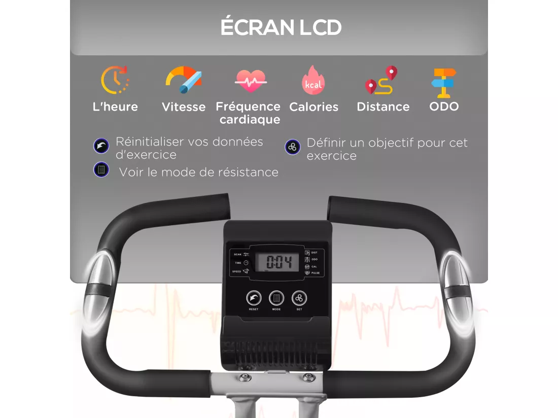 Vélo d'appartement pliant, vélo de fitness, vélo d'intérieur 8 niveaux de résistance magnétique, selle réglable, poignées, écran LCD multifonction, support tablette, acier gris
