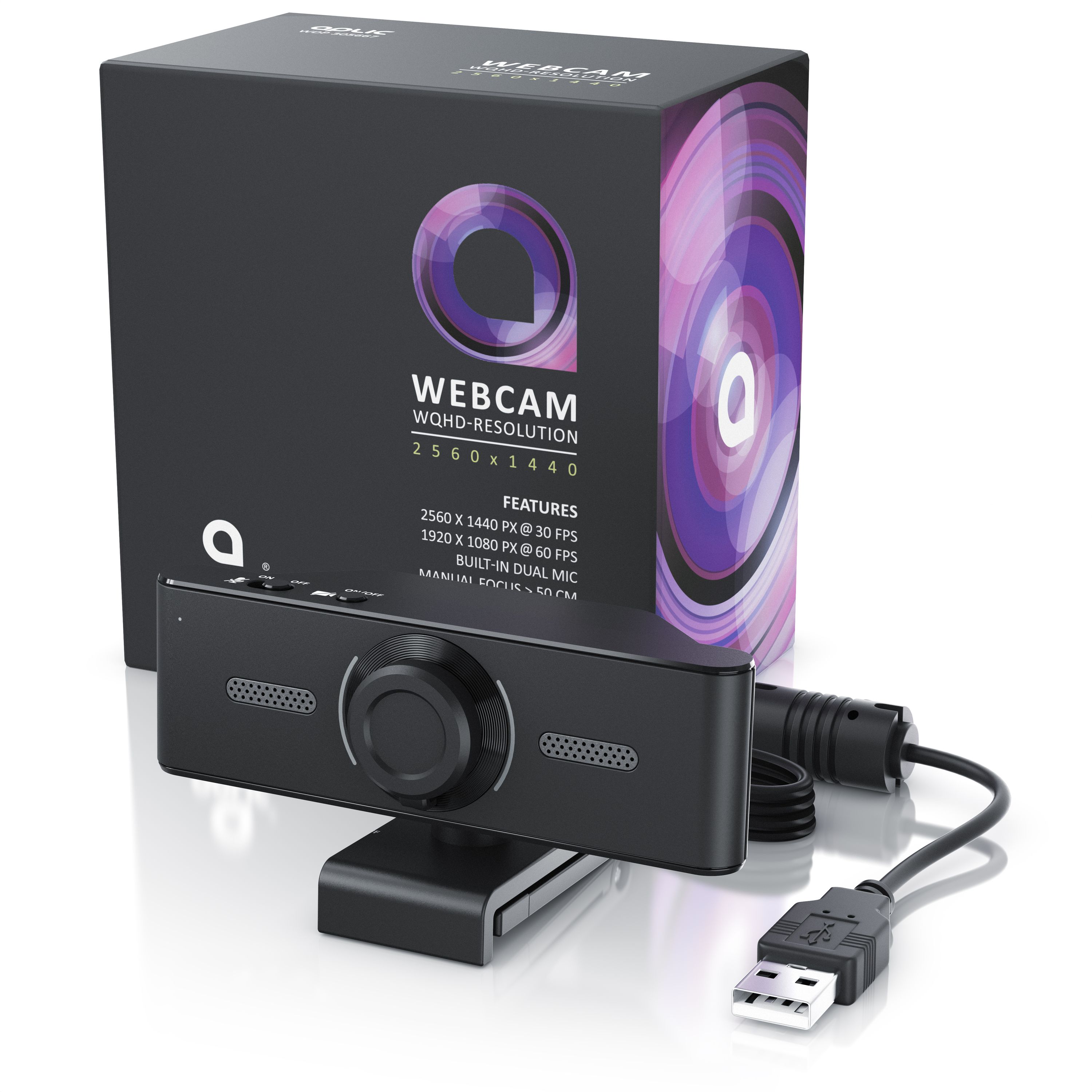 Aplic Webcam 2K - 1440p - 2560 x 1440 @ 30 Hz - Full-HD mit 60 Hz - manueller Fokus - Dual Mikrofone - Stativgewinde 1/4 Zoll - schwenkbare Halterung