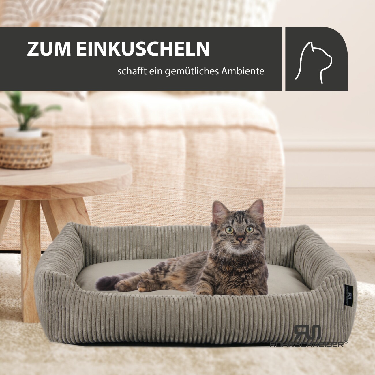 Rohrschneider ® Katzenbett waschbar mit Gratis-Beigabe, robuster Breit-Cordstoff taupe