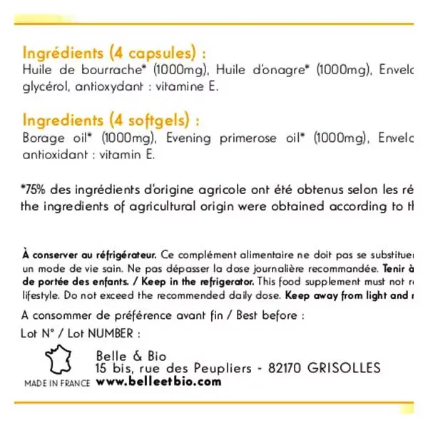 Belle & Bio Orgânico Borragem e Prímula 120 cápsulas