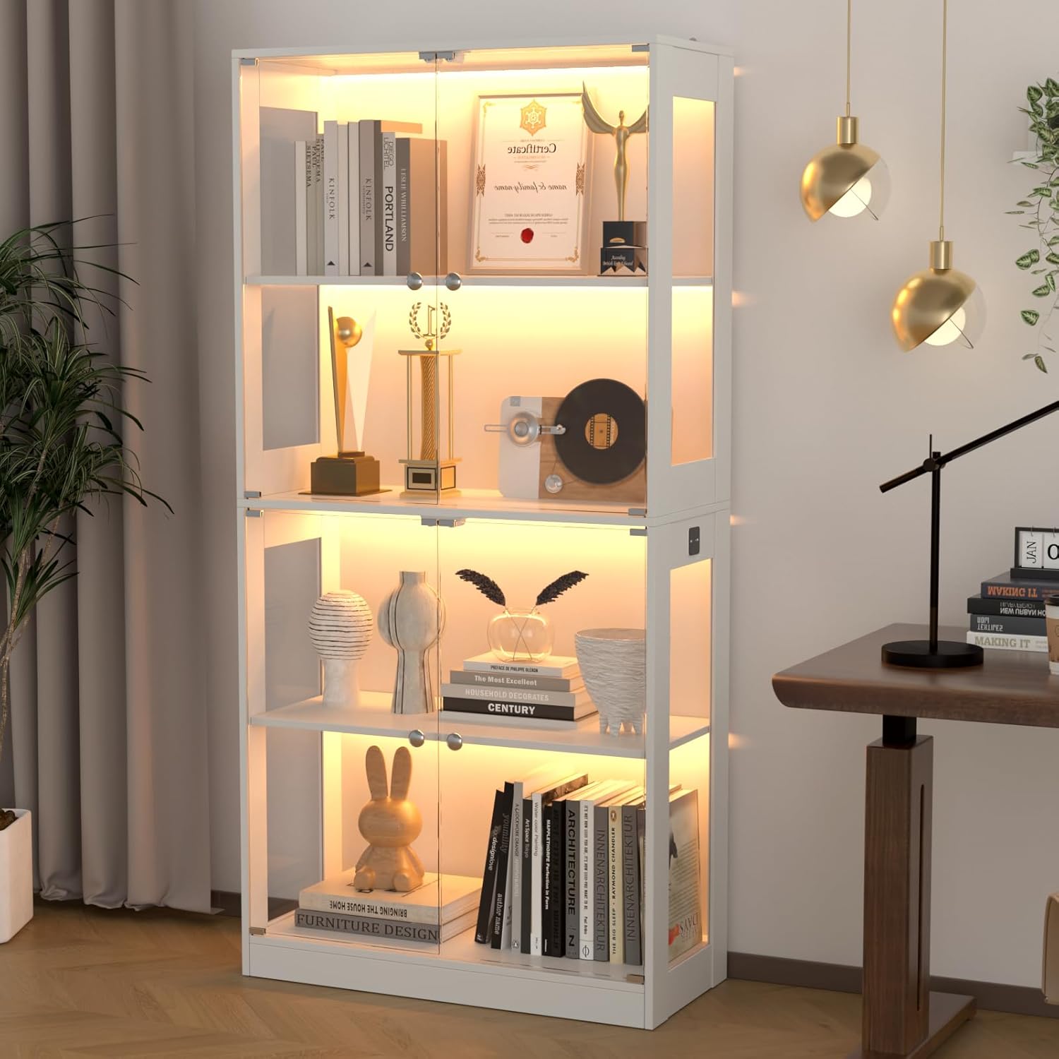 VOWNER 4-Lagen LED Vitrine mit Glastür, Vitrinenschrank mit 3-farbige Beleuchtung Bewegungssensor, Glasvitrine für Sammlerstücke, Bücherregal für Wohnzimmer, Schlafzimmer, Büro (Weiß, 4 Regalböden)