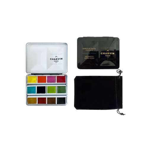 CHARVIN extrafeine Aquarellfarbe, 12 x 1/2 Näpf., Metallkasten