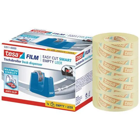 tesa Tischabroller Smart blau + 4 Rollen tesafilm transparent 33m x 19mm
