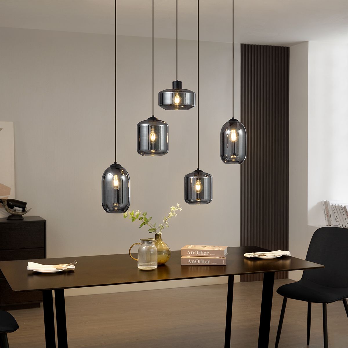 Moderne hanglamp zwart met smoke glas 5-lichts - Sheena