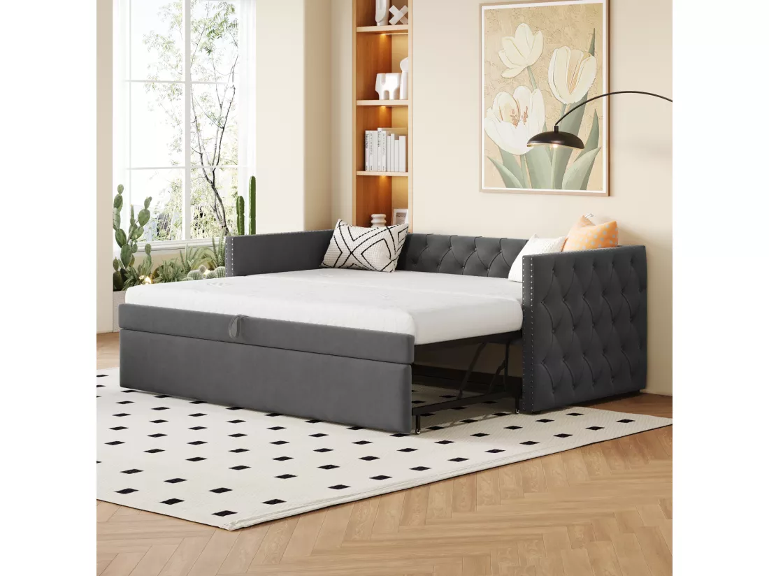 Lit gigogne 90/180 x 200 cm avec tête de lit - Velours doux - sommier à lattes - gris foncé (sans matelas)