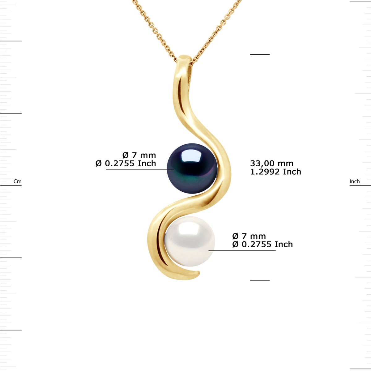 Pendentif TOI ET MOI 2 Perles de Culture d'Eau Douce Blanches et Noires 7-8 mm Or Jaune