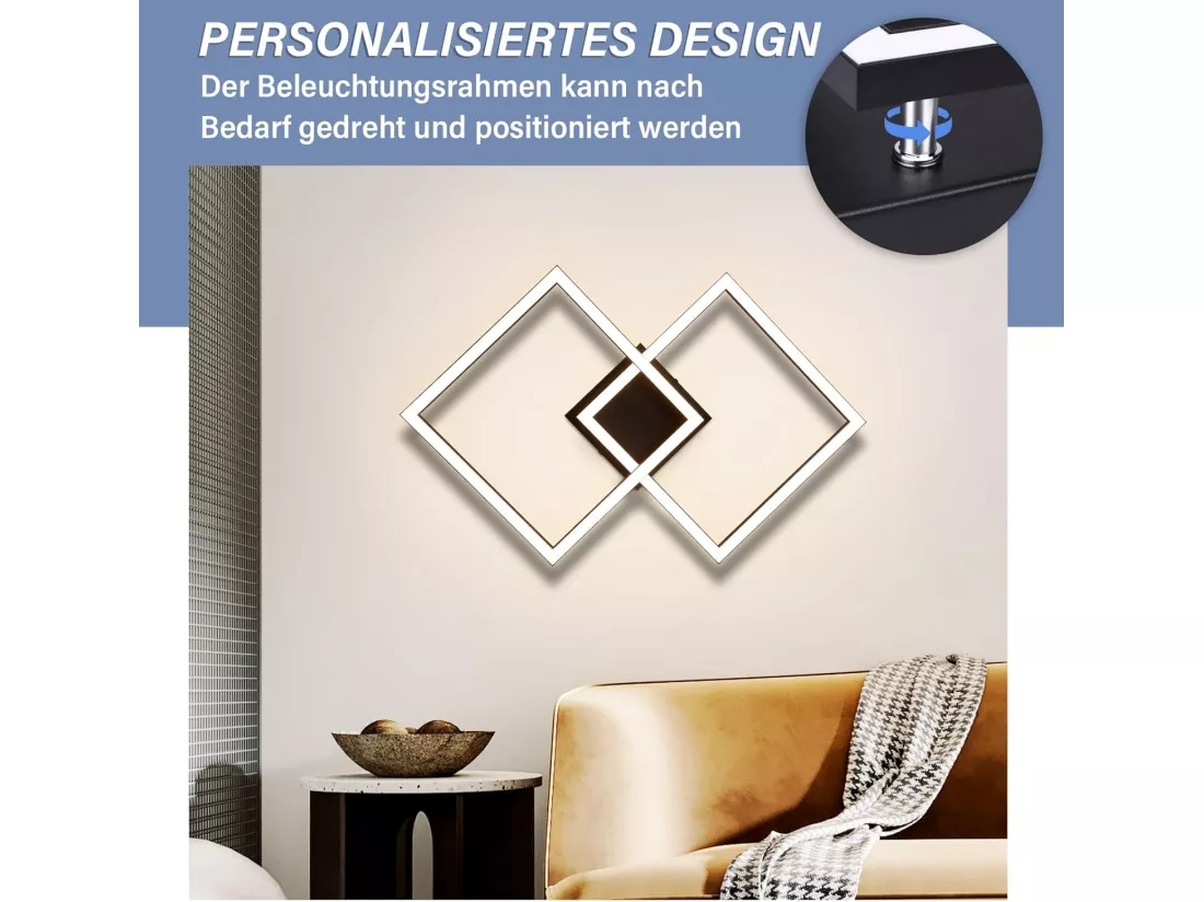 NETTLIFE plafonnier salon led blanc chaud noir 3000k design moderne angulaire 24w