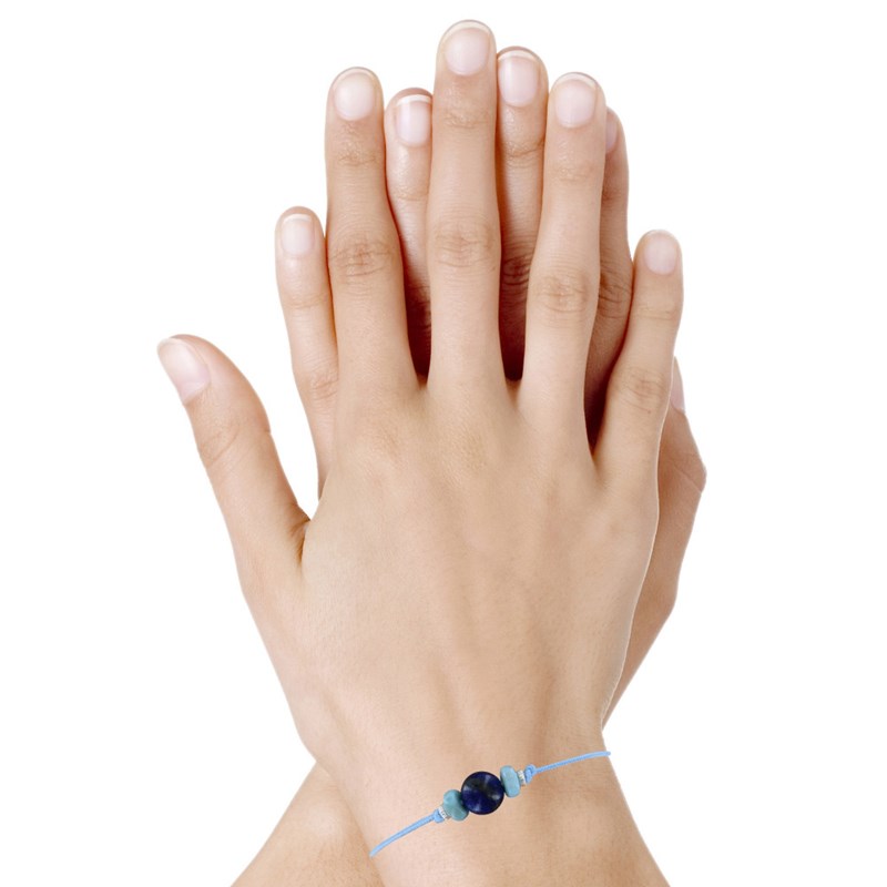 Bracelet Lien Synthétique Perle de Lapis Lazuli Deux Anneaux de Larimar et d'Argent - Bleu ciel