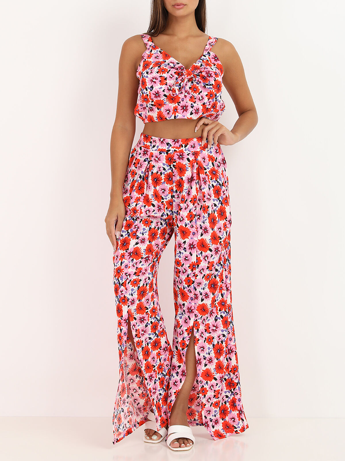 Ensemble pantalon crop top à fleurs- Blanc
