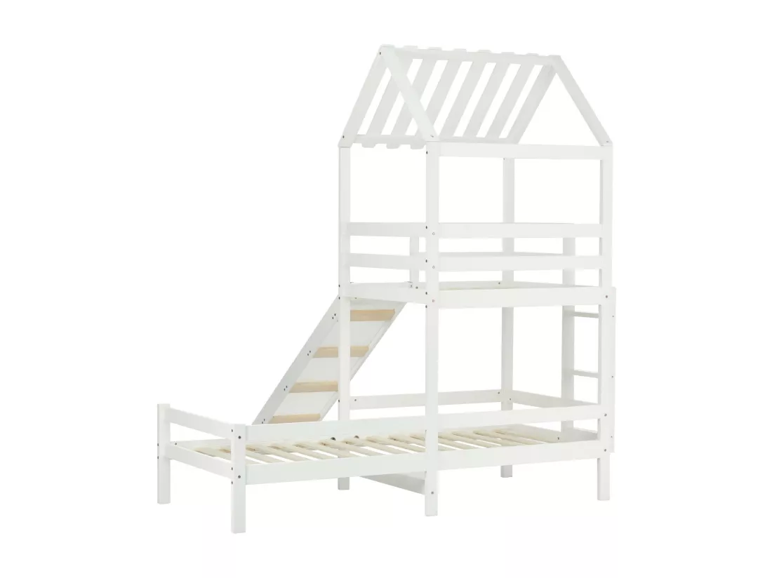 Lits superposés cabane 90x200cm et 90x100cm avec toboggan - Pin certifié FSC - Blanc
