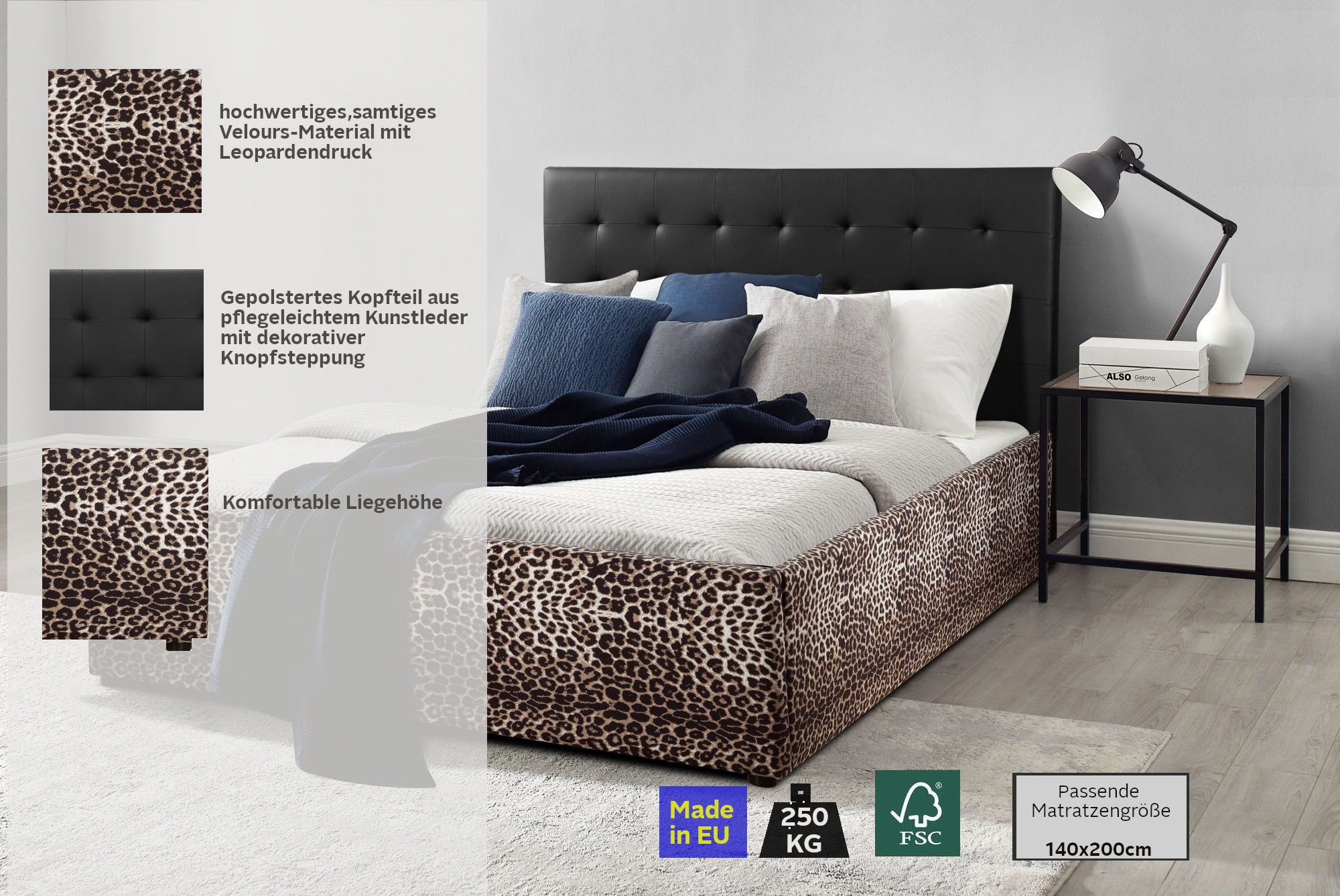 Home affaire Polsterbett »Hamar-Leo, OTTO's Choice, Leopardenbett, Kunstleder mit Veloursstoff« Liegefläche 140 cm x 200 cm, Belastbarkeit 250 KG,  hohe Belastbarkeit! Angesagtes Design 