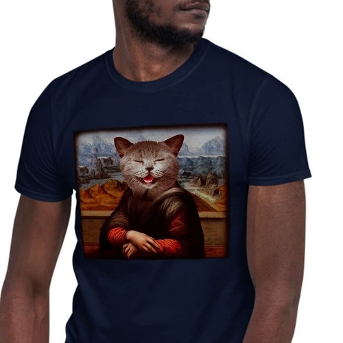 Camiseta masculina Mascochula, La Gioconda, personalizada com seu animal de estimação, azul marinho