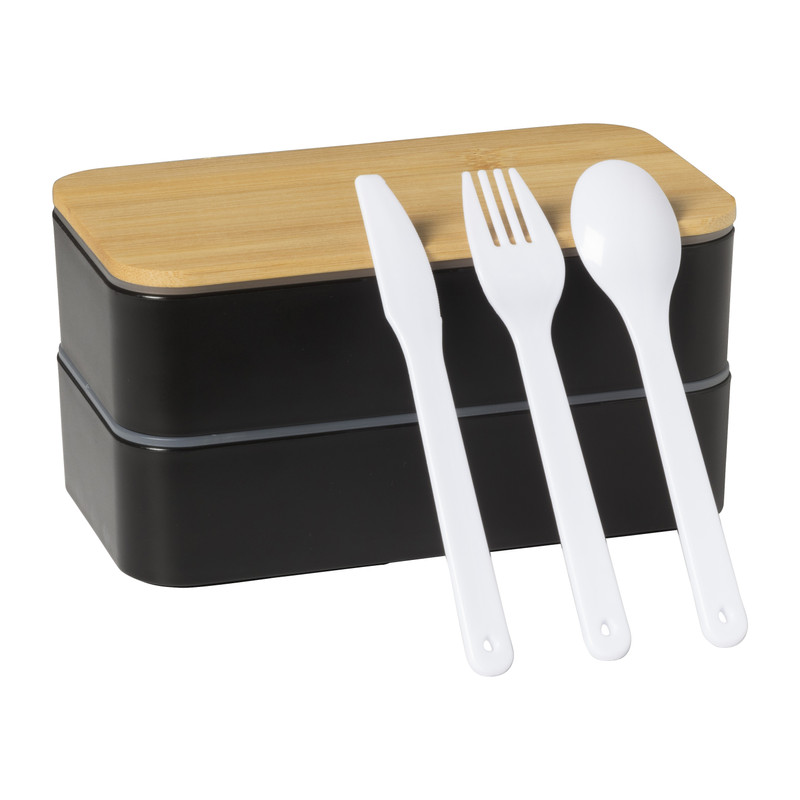 Lunchbox dubbel met bestek - zwart - 700 ml