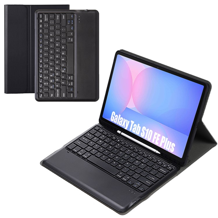 Samsung Galaxy Tab S10 FE  Plus Leder Tasche mit abnehmbarer Bluetooth Tastatur Keyboard   S-Pen Halterung (QWERTY) - Schwarz