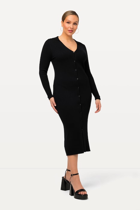Strick-Midikleid, Hemdkragen, V-Ausschnitt, Langarm