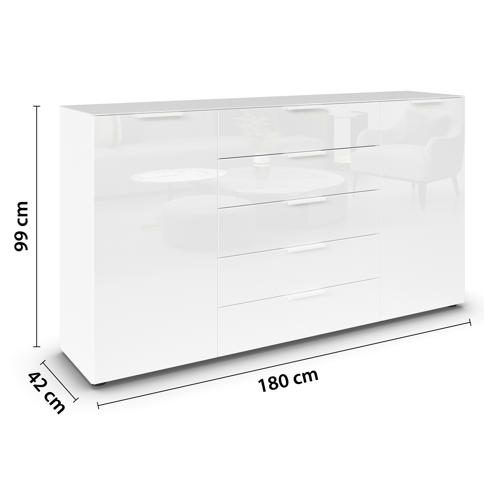 Kommode - alpinweiß-Kristallweißglas - weiße Griffe - 180 cm