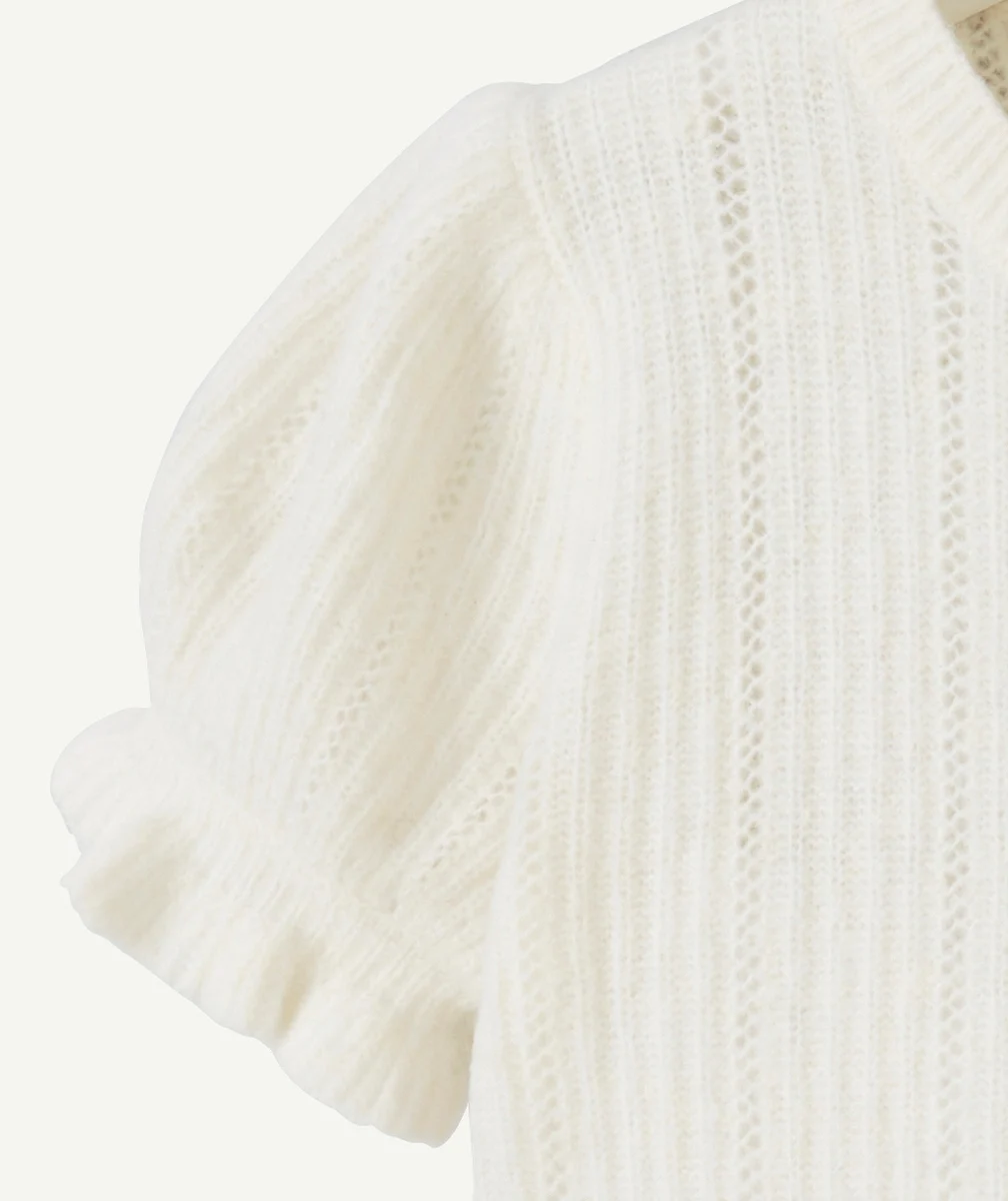 PULL AJOURÉ MANCHES COURTES FILLE EN FIBRES RECYCLÉES ÉCRU