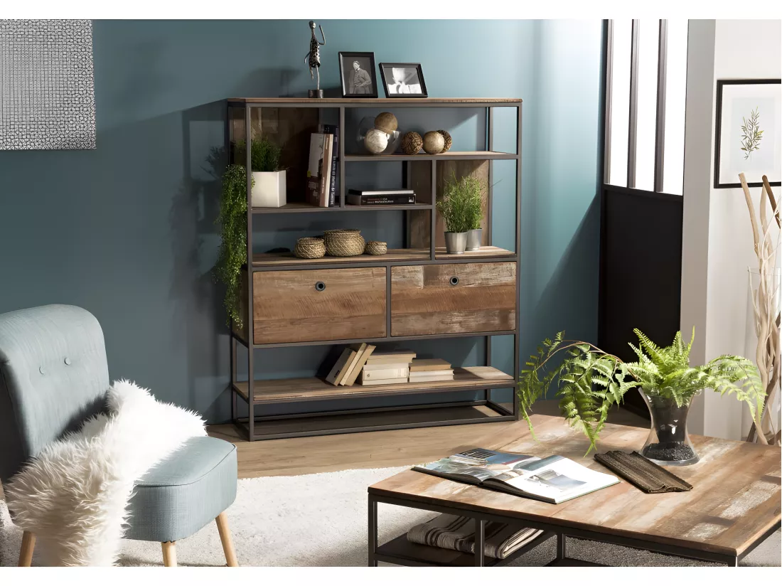 ALIDA - Étagère marron 2 tiroirs et 7 niches Teck recyclé Acacia Mahogany recyclé et métal noir