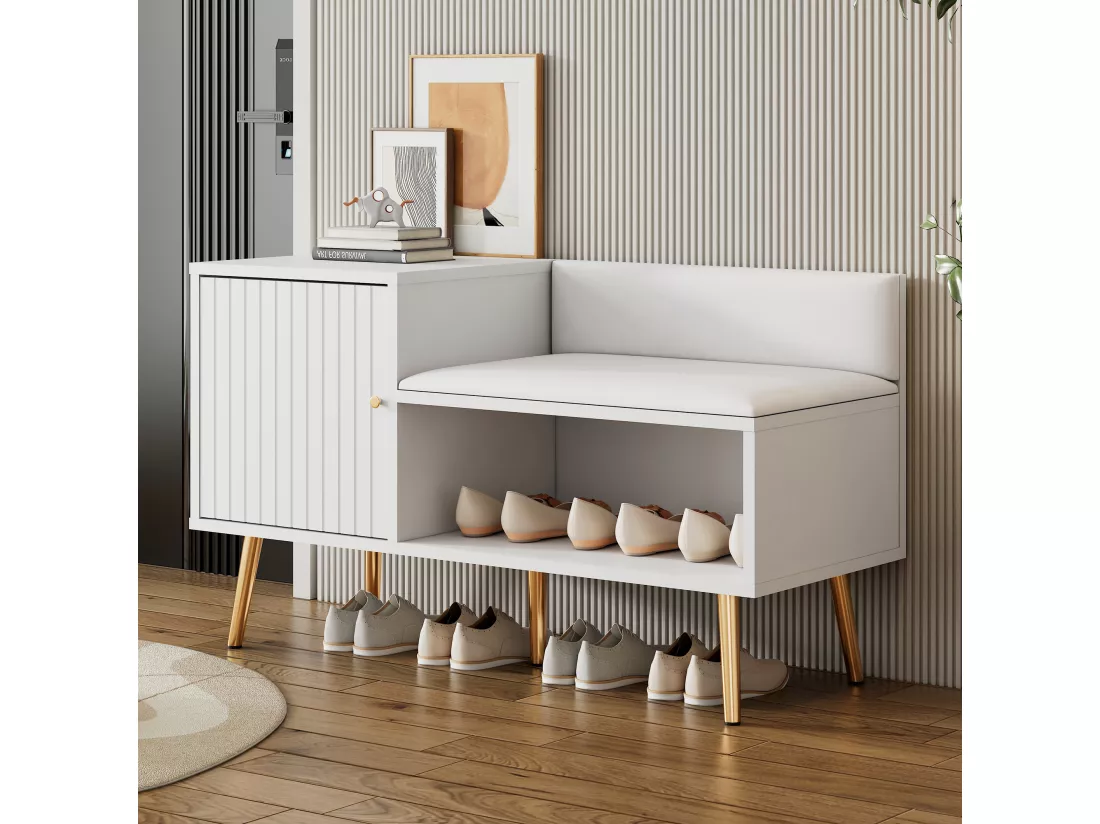 Banc à chaussures moderne avec 3 portes et coussin - pièds et poignées en métal - coloris blanc - 100 x 38 x 58 cm