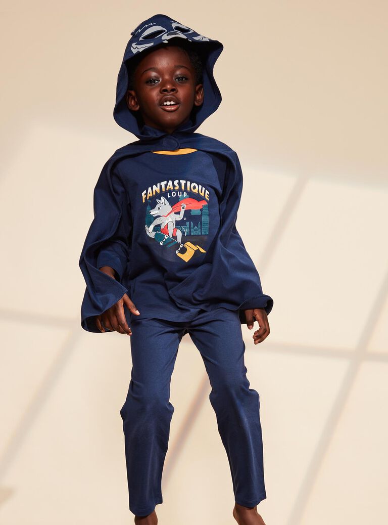Pyjama deux pièces bleu foncé en coton avec cape tête de loup