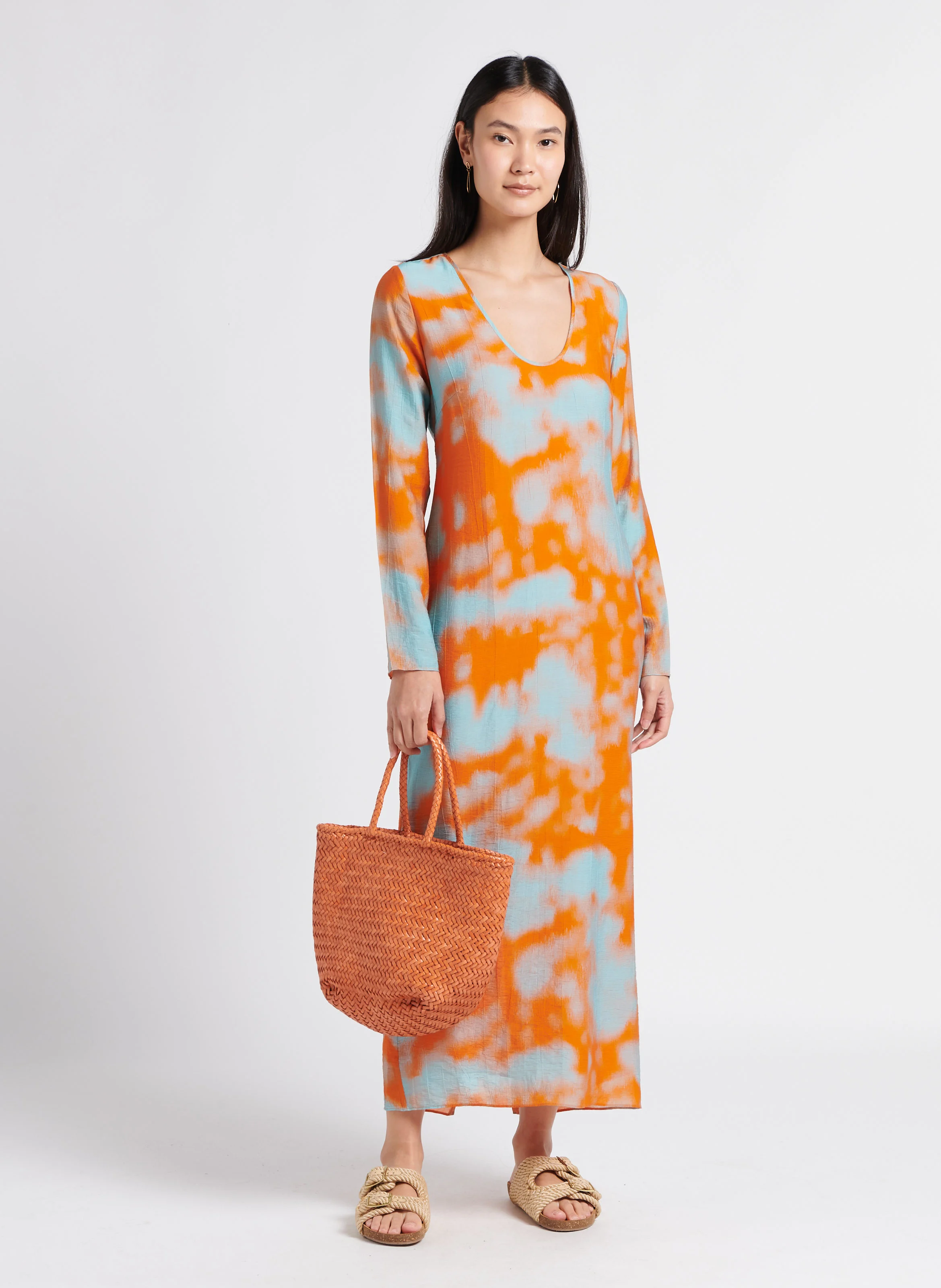 ALINA - Robe longue col rond imprimée| Orange