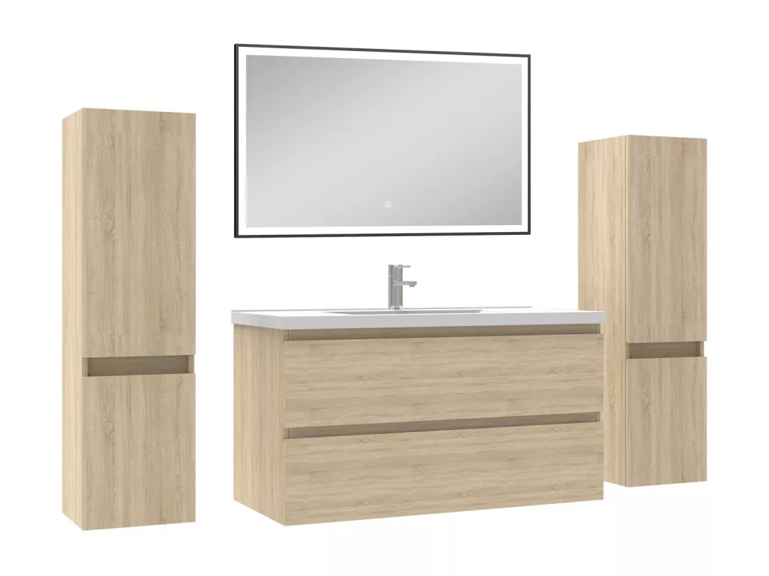 Meubles Salle de Bain 100cm avec colonne et miroir lumineux 3 couleurs Chêne Wotan
