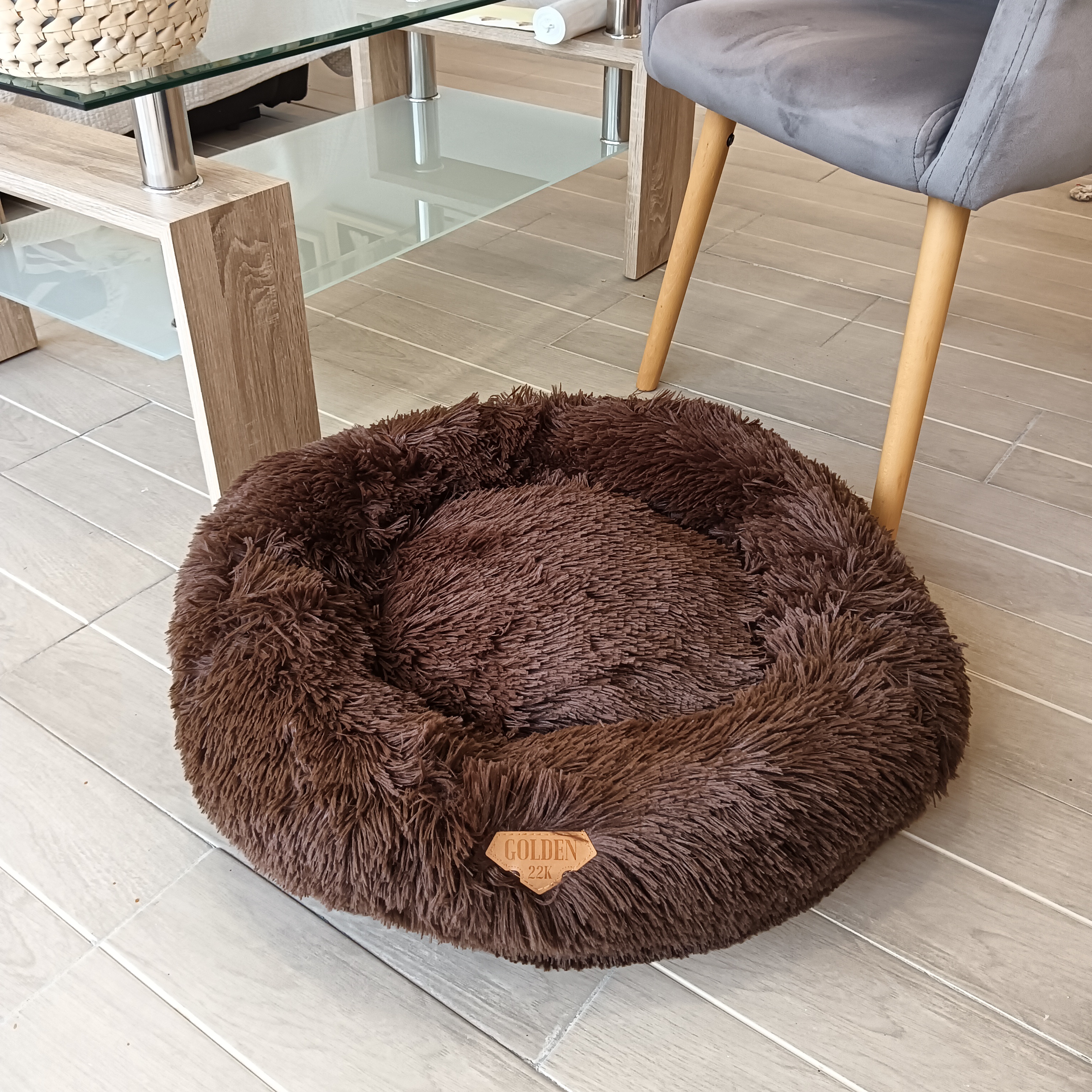 Cama em formato de donut dourada em ouro 22k para gatos e cães de pequeno porte (diâmetro 60cm)