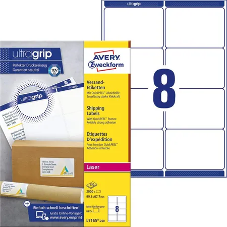 Avery Zweckform L7165-40 Versandetiketten,A4 mit ultragrip,99,1 x 67,7 mm, 40 Bogen/320 Etiketten, weiß