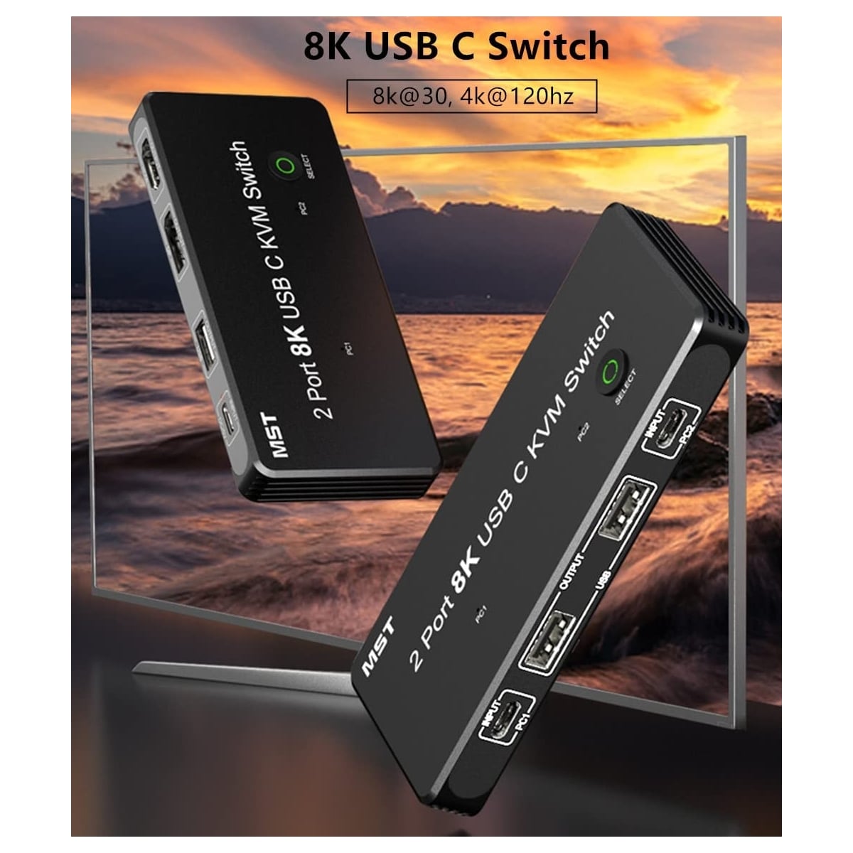 NÖRDIC 2 til 2 KVM-svitsj USB-C og skjermport 1xDP 1xHDMI 8K 60Hz 3xUSB-A