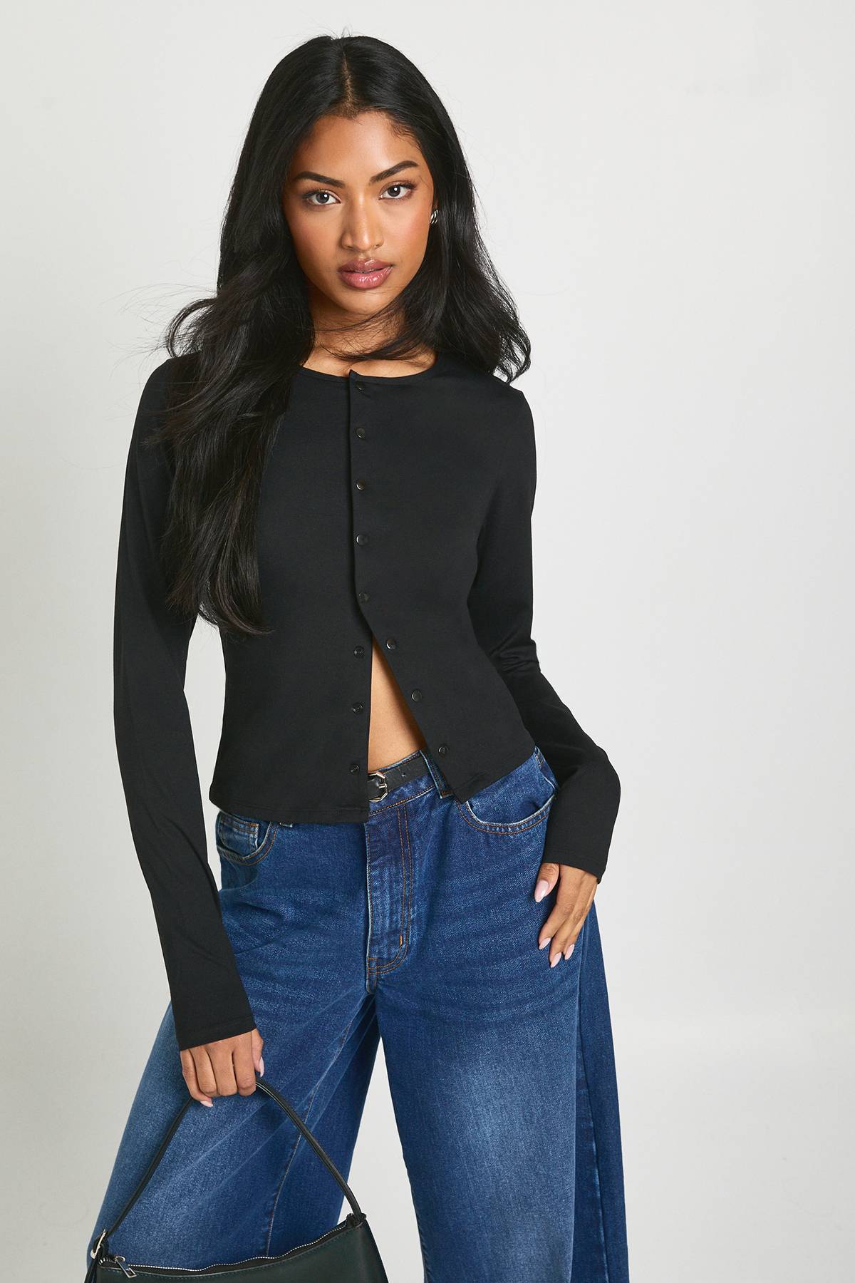 boohoo Haut à Manches Longues Sculpté Pêche avec Boutons-Pression