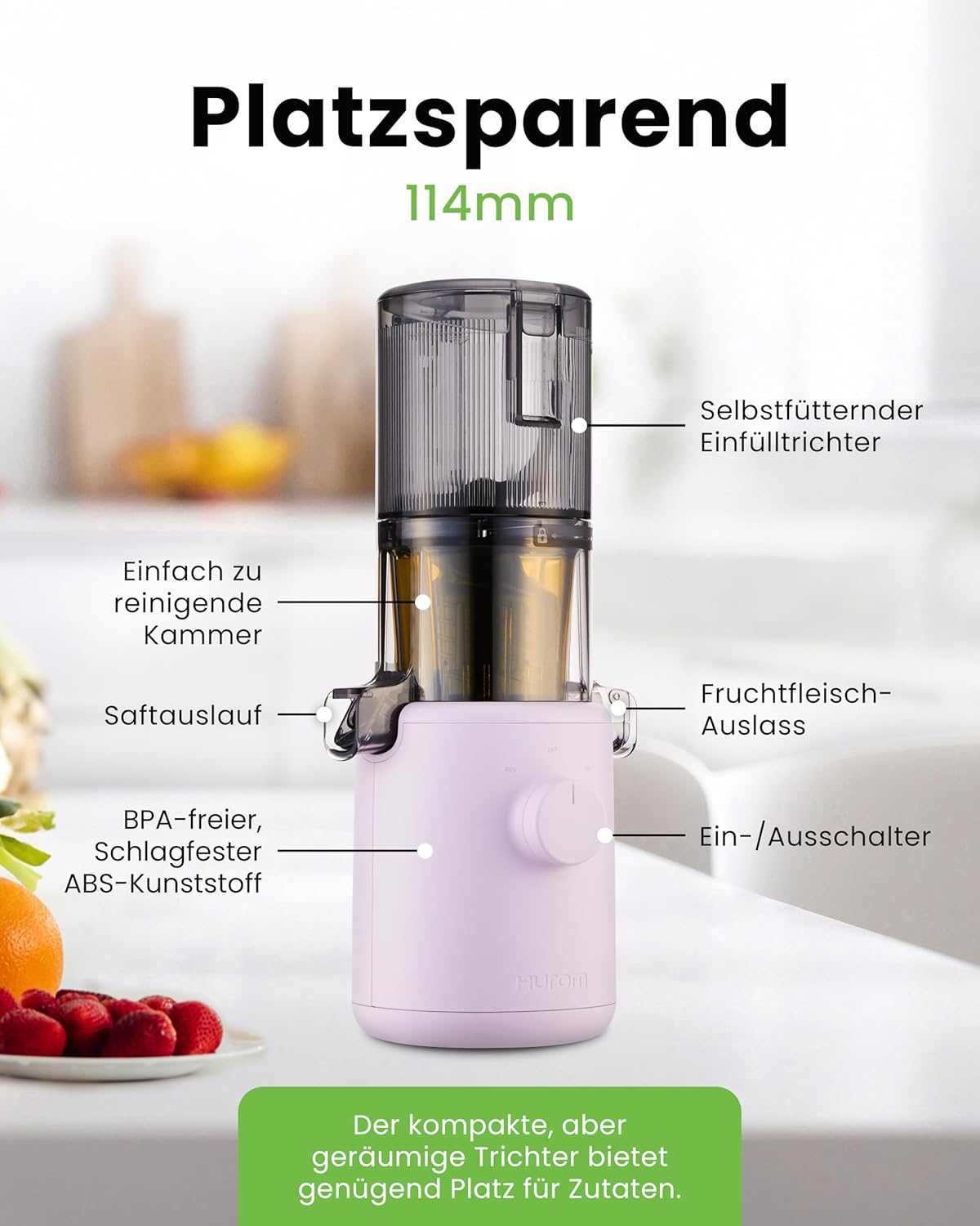 Hurom Slow Juicer H310 | Entsafter Gemüse und Obst | Leicht zu Reinigen & Leiser Motor Elektrischer Entsafter mit Siebfilter | 100 Watt | BPA Frei | Schlankes Design | 220ml | Lavendel
