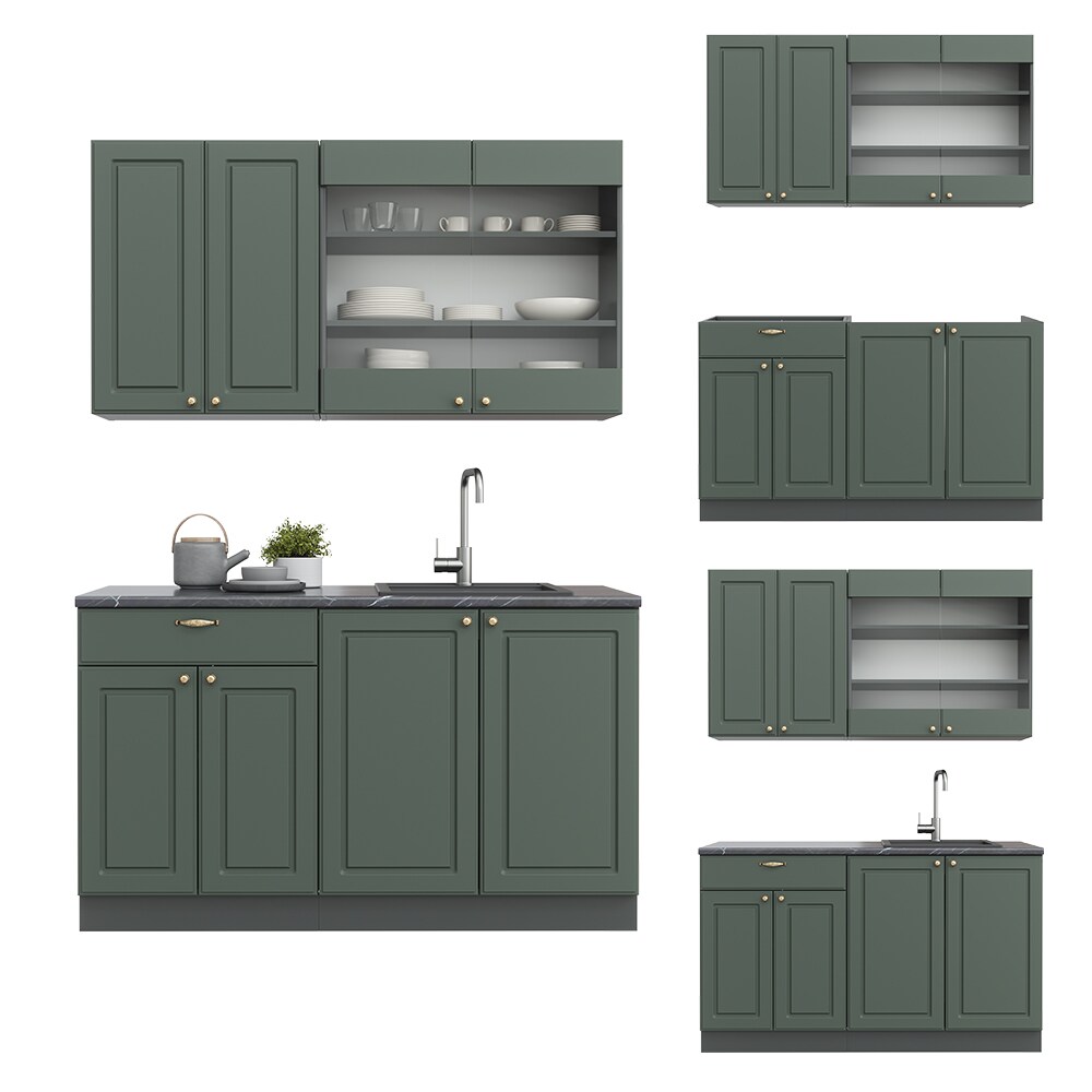 Vicco Küchenzeile Küchenblock Einbauküche Fame-Line Single Landhaus Anthrazit Grün Gold 140 cm modern Küchen Schränke Spülenunterschrank Schubunterschrank Hängeschrank Hängeglasschrank