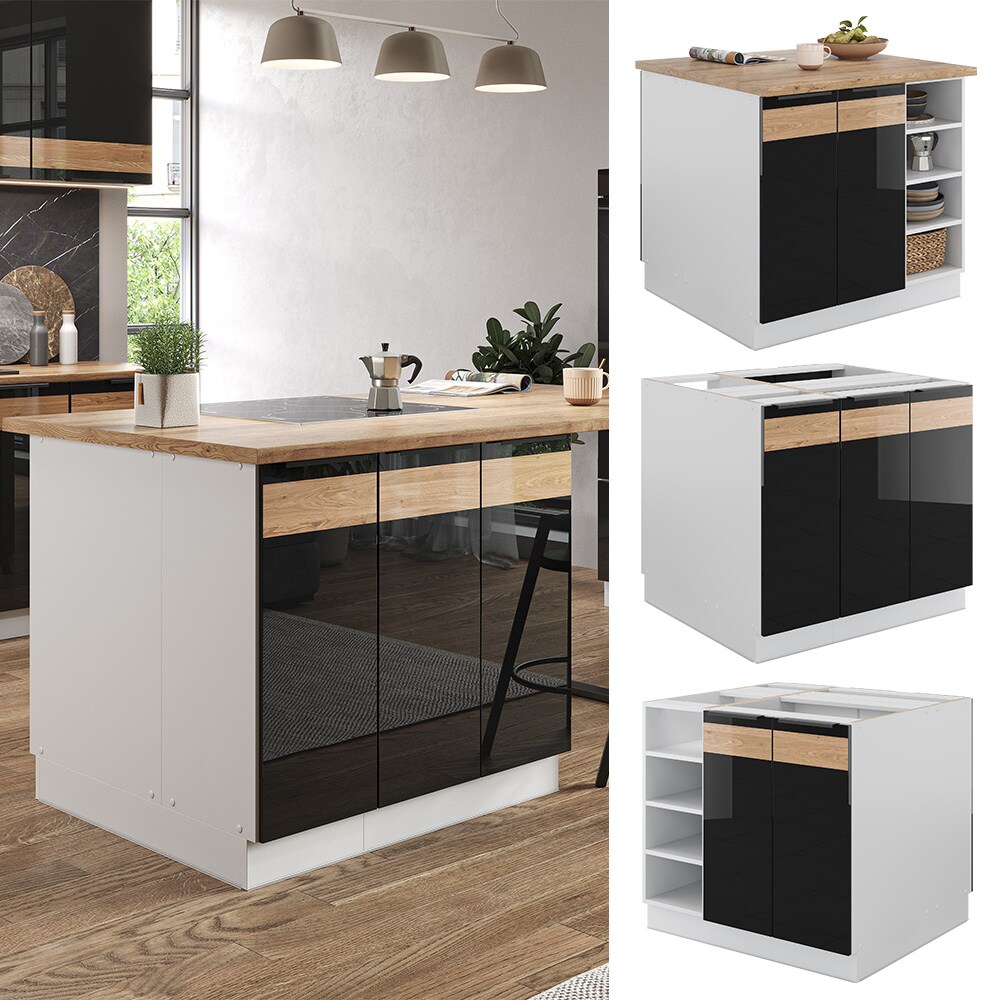 Vicco Kücheninsel Küchenblock Einbauküche Fame-Line Weiß Schwarz Eiche 90 cm modern Hochglanz Küchenschränke Küchenmöbel