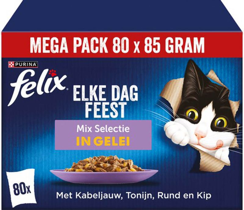 Felix Elke Dag Feest Mix Selectie in Gelei - Kattenvoer - 80x85 gram - 85 Gram - tonijn
