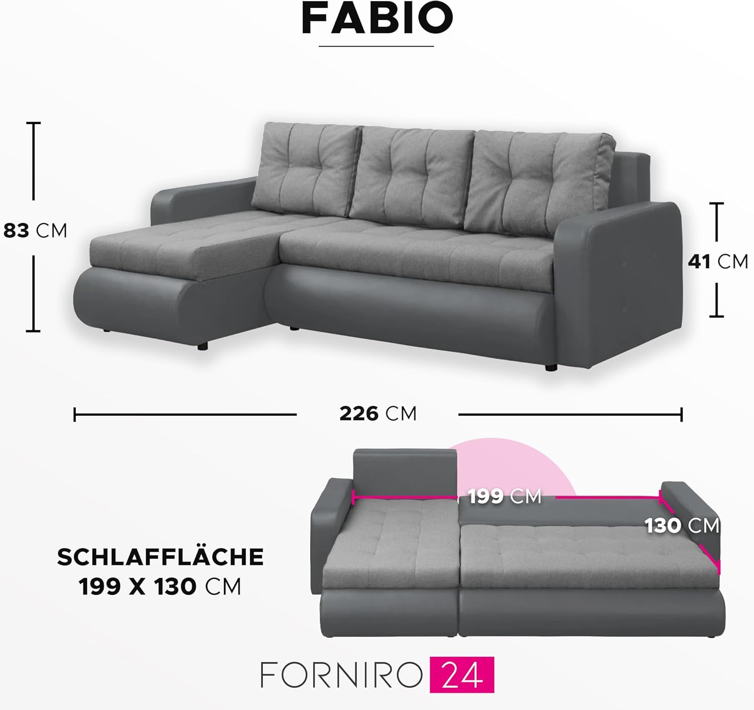 Fabio Ecksofa mit Schlaffunktion und Bettkasten - Sofa mit 3 Sitzen Überzug - Schlafcouch L-Form Universal - Modern Couch - 226x143x83 cm - Grau-Grau