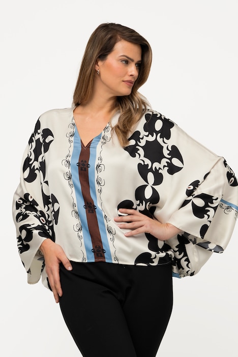 Cape-Satinbluse, grafischer Druck, V-Ausschnitt, 3/4-Arm