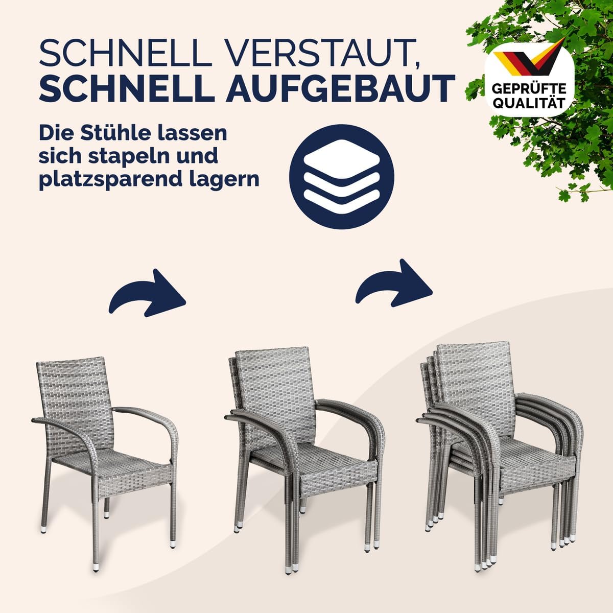 Casaria® Gartenstühle 4er Set Stapelbar Wetterfest Polyrattan Outdoor 160kg Garten Terrasse Balkon Stuhl mit Armlehne Gartensessel Stapelstühle Grau