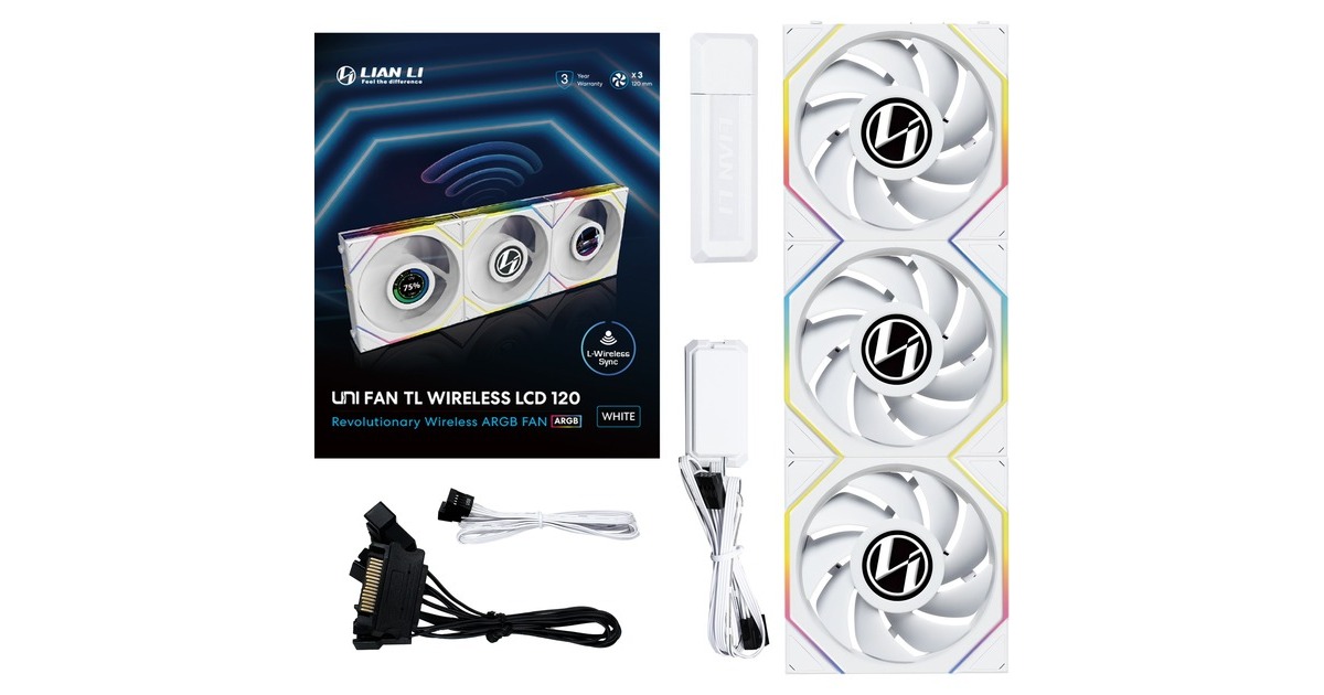 Lian LiUNI FAN TL 120 LCD Wireless RGB case fans  (Wit, 3 stuks, 120 x 124 x 28 mm, PWM, 1x 9-pin USB, incl. controller)