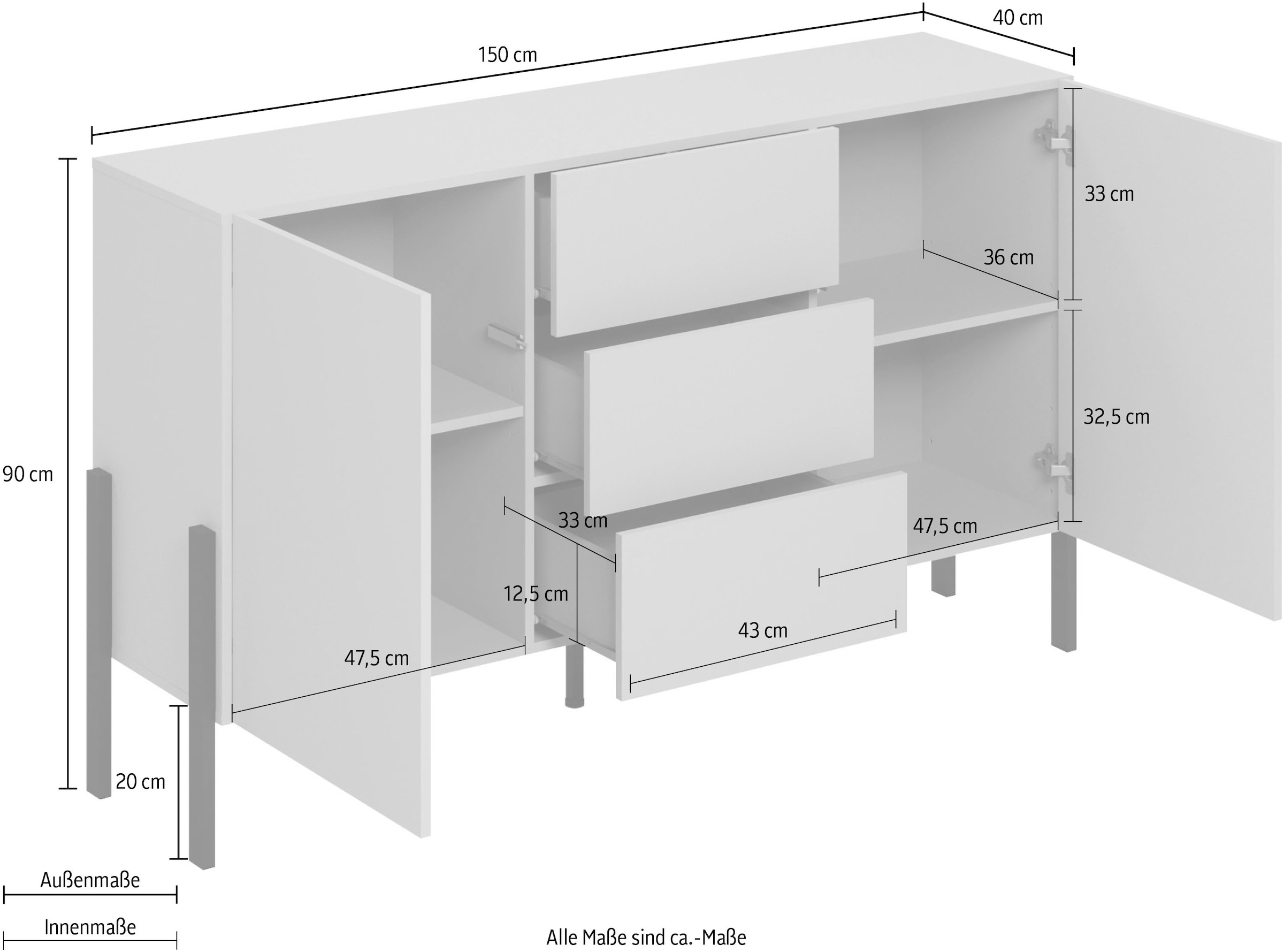 INOSIGN Sideboard »Jukon, Breite 150 bzw.180 cm, moderne grifflose Kommode« Schubladenschrank 2 Türen/3 Schubkästen, push-to-open-Funktion