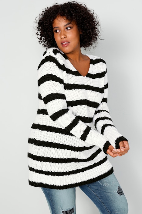 Pullover, oversized, Ringel, V-Ausschnitt, Langarm