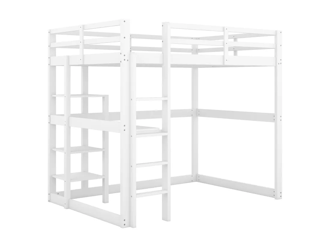Lit mezzanine 140x200cm en bois massif - avec bureau et étagères - Blanc