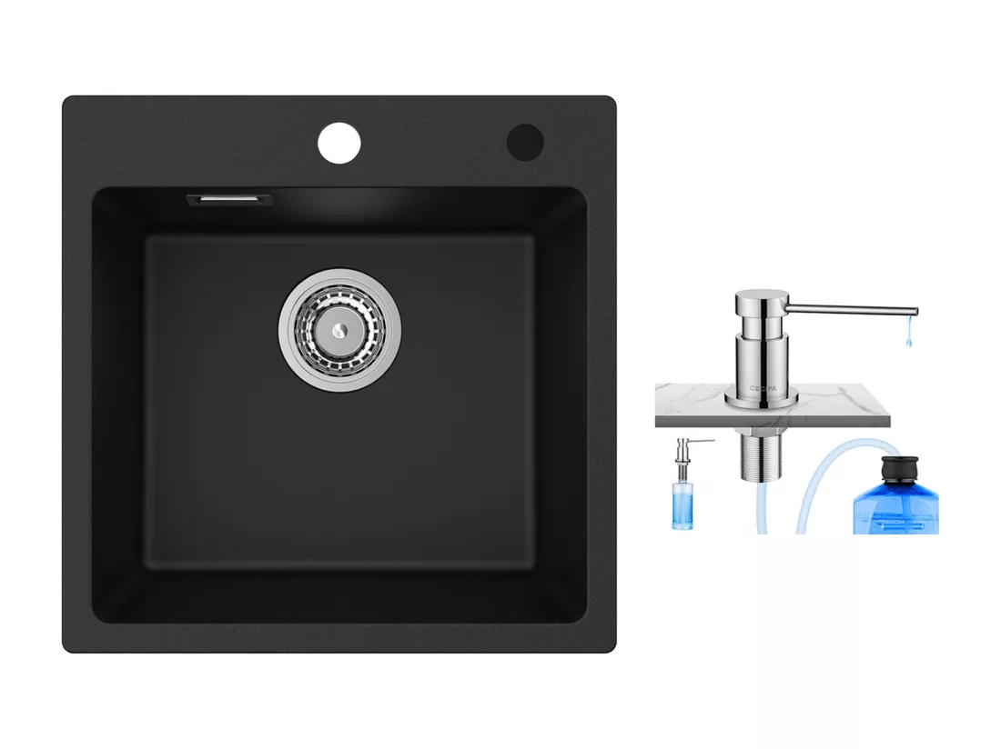 Cecipa MAX Evier 1 Bac en Quartz et Résine Noir 45x45cm Evier à Encastrer + 300ML Distributeur de Savon de Cuisine Chromé