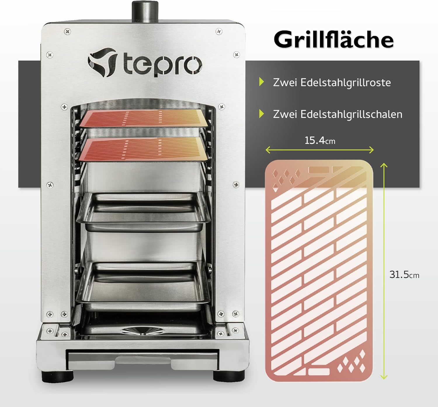 tepro Steakgrill Toronto, Keramikgrill-Infrarot Brenner / Gasgrill mit 3 kW Leistung, max. 800 Grad Gas, Piezozündung, Maße ca. 23 x 56 x 40,5 cm, Silber
